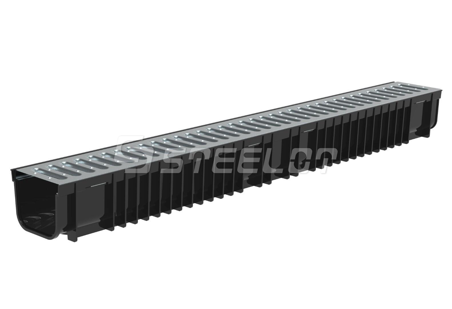 Лоток пластиковый SteePlain DN100 H100 в комплекте с стальной оцинкованной решеткой кл. А15